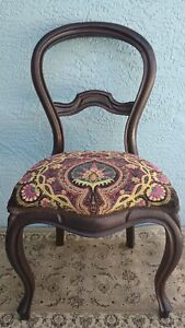 Antique Dining Chair In Mahogany Balloon Back With Fun Brown Pink Tapestry Seat