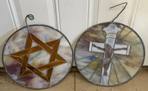 2 Antique Church Star Of David Jesus Christ Stained Glass Windows 14 X 4 