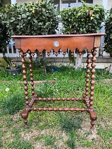 Antique French Country Brown Walnut Barley Twist Ornate Carved Side Table