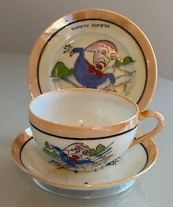 Vintage Lusterware Child S Tea Cup Saucer Plate Humpty Dumpty Japan