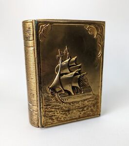 Antique Brass Clad Jewelry Trinket Box Nautical Book Shape Jennings Brothers