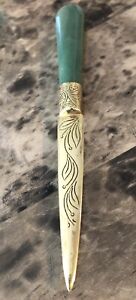Antique Chinese Green Jade Handle Bamboo Letter Opener Page Turner Desk Hairpin