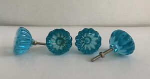 Blue Glass Cabinet Drawer Knobs Pulls Antique Style Lot Of 4