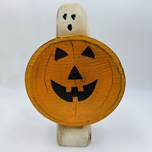 Pumpkin Ghost Chunky Wood Candy Bowl Shelf Sitter Primitive Halloween Figurine