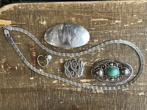 Scrap Sterling Silver Lot Including Hair Barrette Monogrammed Brooch Chains 
