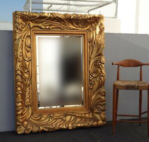 Large 57 Hx45 Vintage French Ornately Carved Gold Wall Mantle Beveled Mirror