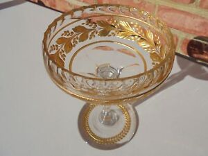 Antique Vintage Cut Glass Intaglio Style Gold Leaf Tall Compote 7 5 8 