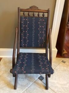 Antique Victorian Eastlake Era Carved Wood Fabric Folding Chair Campaign Style