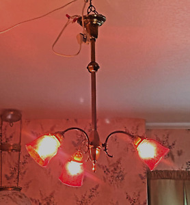 Antique 3 Arm Brass Light Lamp Chandelier W Cranberry Art Glass Shades
