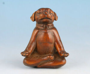 Japanese Boxwood Collectible Japanese Netsuke Vintage Seat Dog Statue Figure