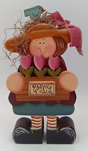 Primitive Folk Art Wood Doll Rustic Country Floral Bird Hat Flat Stand Alone 10 