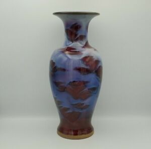 Jun Kiln Ware Chinese Flambe Vase 13 Blue Glaze Purple Crimson Ox Blood Marked