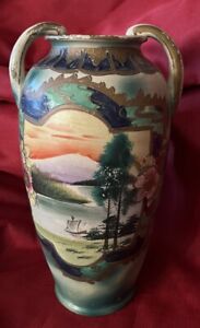 Japanese Satsuma Moriage Style Vase Urn W Handles Handpainted Late 19th Early 20