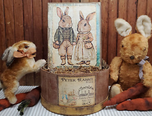 Primitive Antique Vintage Folk Art Style Easter Bunny Rabbits Portrait Sign