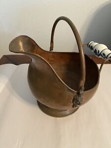 Vintage Bucket Pot Coal Ash Scuttle Lion Head Copper Brass Delft Blue Antique