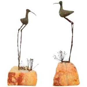 Pair Of Bird And Grass Bronze Sculpture On Rocks By C Jere