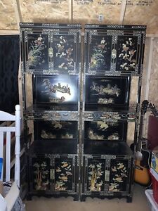 2 Antique Asian Black Lacquer Cabinets And 2 Wall Pictures As A Set