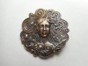 Woman Art Nouveau Style W Hair Flowers Bordering Face Vintage Button 1 1 4 