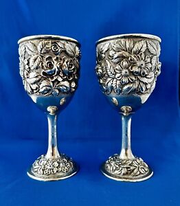 Pair Stieff Princess Hand Chased Sterling Silver Goblets 1946