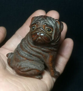 Chinese Boxwood Hand Carved Lovely Dog Figure Statue Netsuke Collectable Gift
