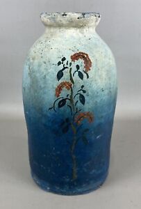 Antique Primitive Stoneware Pottery Fruit Jar W Paint Decorated Flowers