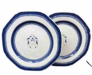 Pair Antique Chinese Export Plates With Ermine Cape Armorial Pattern