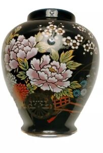 Vintage Kutani Porcelain Vase Floral Pattern Dark Blue