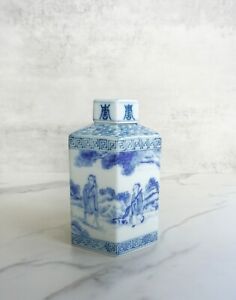 Antique Chinese Porcelain Blue White Hexagon Tea Caddy Canister Ginger Jar