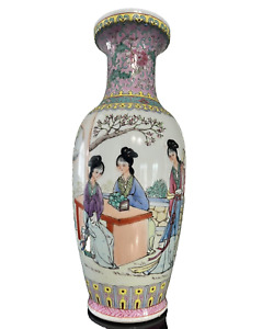 Vintage Chinese Famille Rose Porcelain Vase 12 In Tall Women In Garden Scene