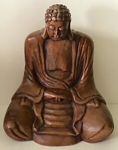 Vintage Meditating Buddha Buddhist Hand Carved Wood Monk Spiritual Figure Statue