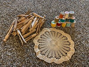 Antique Round Lace Doily Wooden Clothes Pins Wooden Multi Color Thread Spools