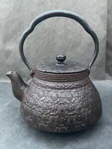 Antique Japanese Sakura Tetsubin Cast Iron Teapot Early 1900s Late Meiji Signed