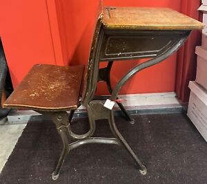 Vintage Industrial Child School Desk Folding Chair Seat Cast Iron Wood