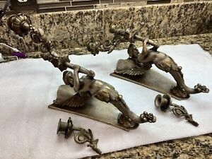 Pair French Art Deco Style Bronze Winged Mermaid Wall Sconce Candelabra Siren