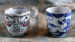 Pair Of Early 19th C Chinese Export Coffee Cups 1 Polychrome 1 Blue And White 