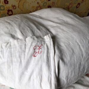 Antique French Linen Grain Sack Farmhouse Timeworn Patched Embroidered Lg Mono F