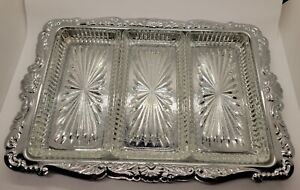 Vintage Silver Plated Relish Serving Tray With 3 Glass Insert Dishes Retro Mcm