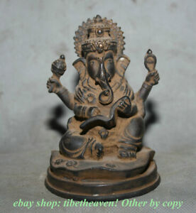 12cm Old Tibet Bronze Gilt Temple 4 Arms Ganesha Elephant Buddha Book Statue