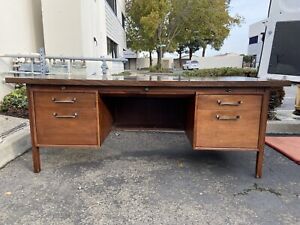 Vintage Alma Mid Century Modern Walnut Executive Desk And Leather Accents