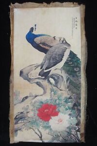 Very Large Old Chinese Hand Painting Beautiful Peacocks Birds Liukuiling Mark