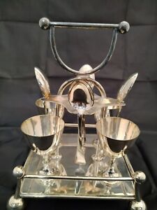 Antique Art Deco Silver Plated Egg Cup Holder And Spoons