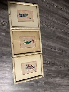 3 Antique Chinese Asian Pith Paper Painting Framed Rice