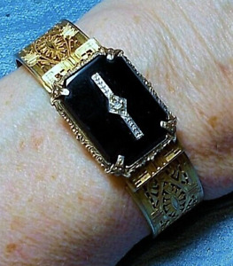 1920s Marked Psco Onyx Cuff Rhodium Gold Plated Open Work Filigree Gorgeous Etch