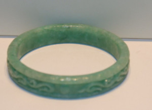 Carved Green Jade Bangle Bracelet Etched Sides