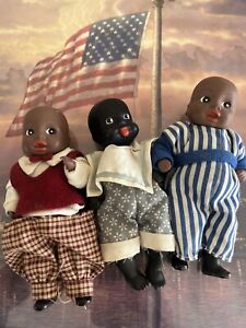 3 American Folk Art Primitive Hand Painted Cloth Vintage Doll African
