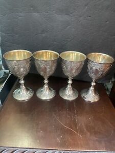 Vintage Ornate Silverplate Set 4 Wine Glasses Goblet Corbell Co Floral
