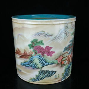 Chinese Pastel Porcelain Handpainted Exquisite Landscape Figure Brush Pot 15083