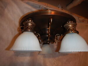 5 Light Art Nouveau Brass Chandelier W Opalescent Zipper Shades
