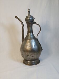 Antique 17 5 Tinned Brass Copper Ewer Ornate Tea Pot Pitcher Middle East Jug