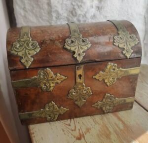 Antique Wooden Casket Brass Mounted Caddy Stationary Box Parkins London Maker 